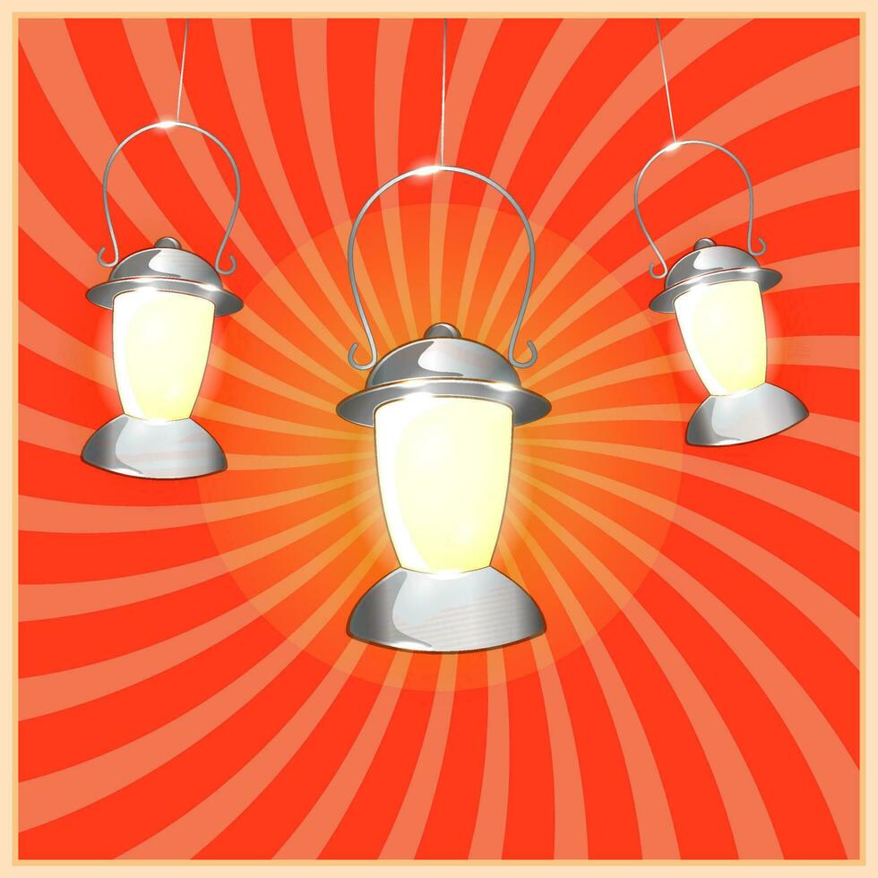 Hanging Realistic Illuminated Lanterns Decorated On Orange Spiral Rays Background. vector