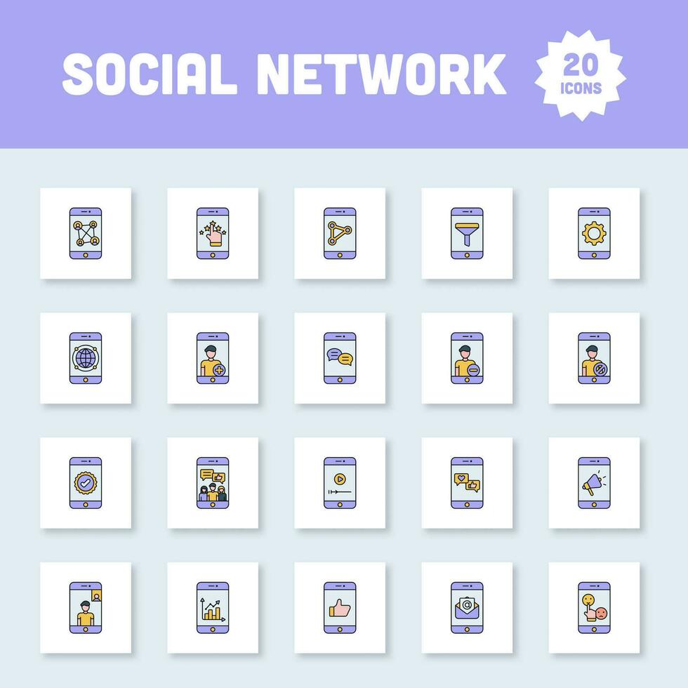 amarillo y azul color conjunto de diferente social red conexión desde móvil sqaure icono. vector