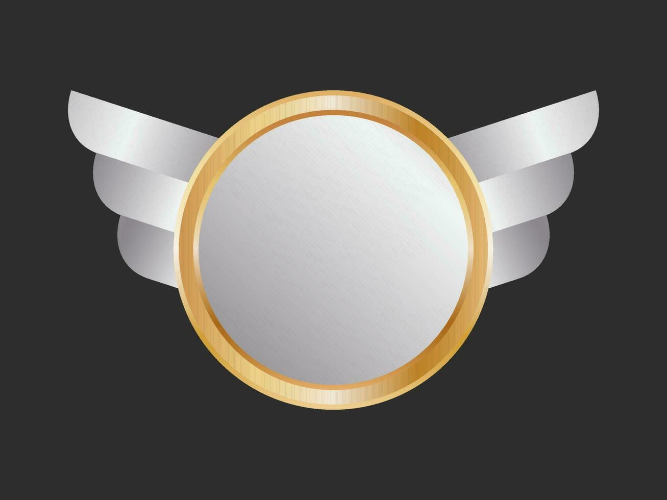 Golden And Silver Blank Badge With Wings Ribbon Element On Black Background. vector