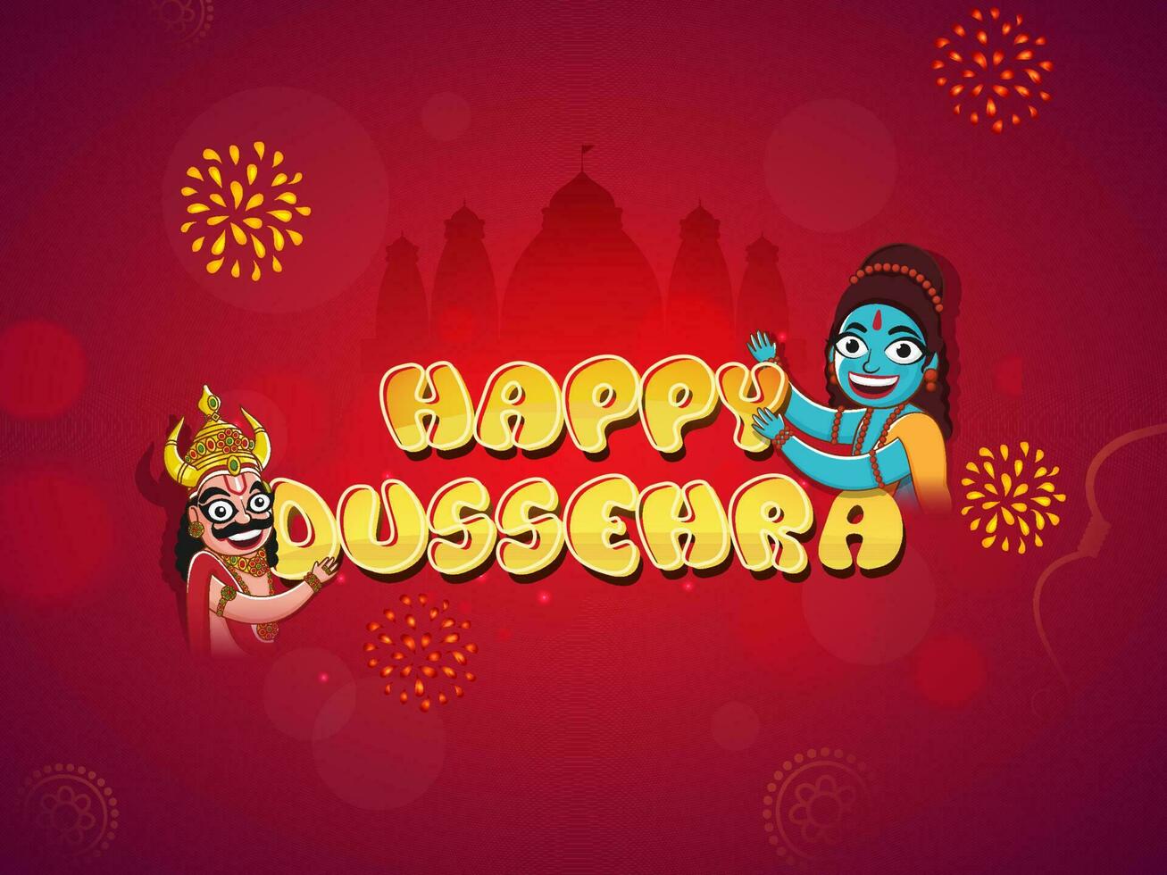 Happy Dussehra Font With Cheerful Lord Rama, Demon Ravana Character On Gradient Red And Pink Silhouette Ayodhya View Background. vector