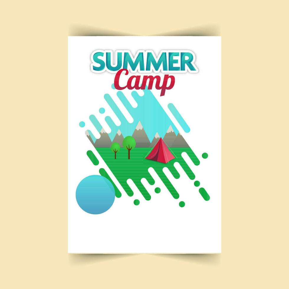 Summer Camp Flyer Design With Rounded Lines Effect Tent, Mountain And Nature View Against White Background. vector