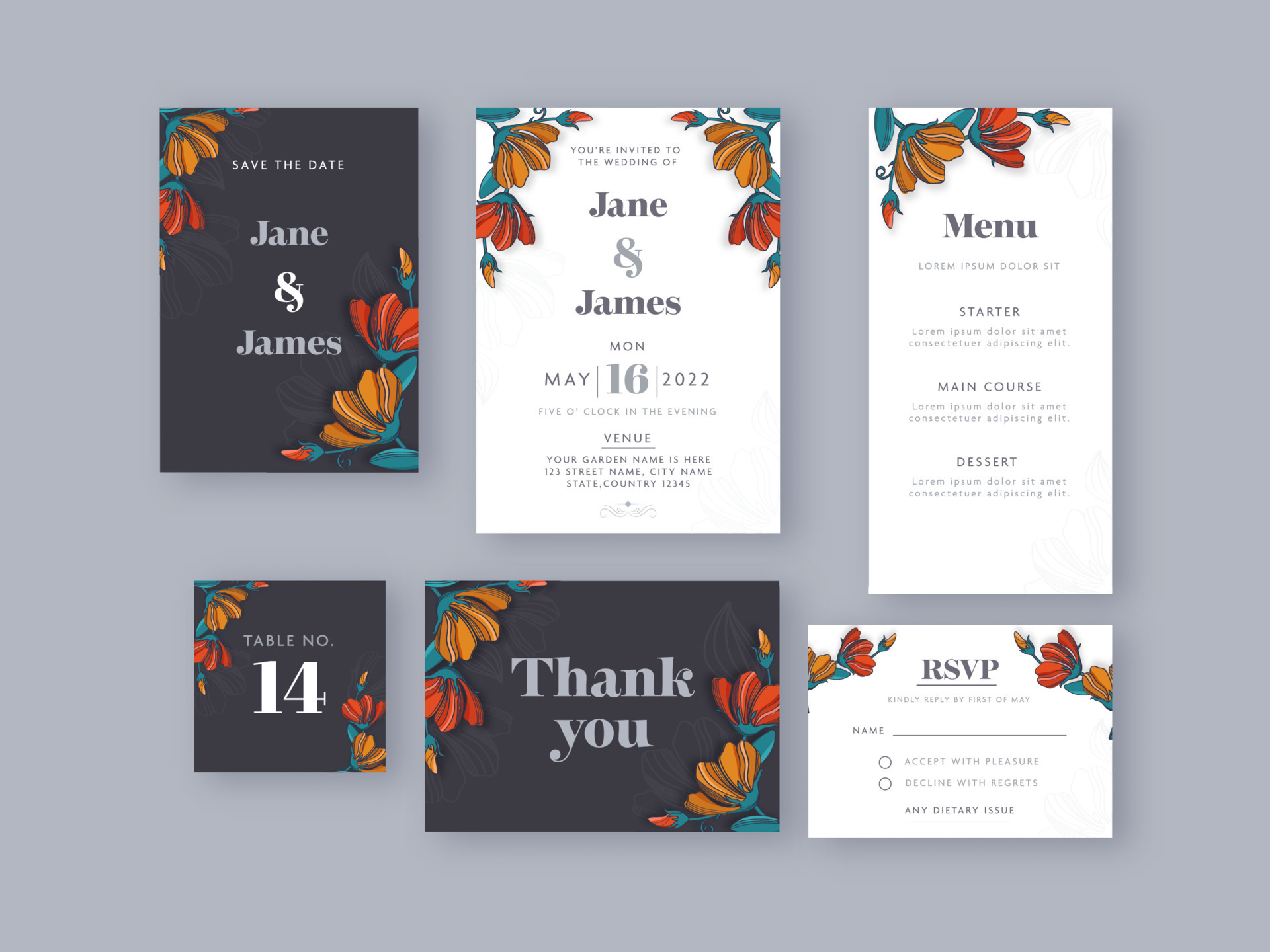 Floral Wedding Card Suite Template Layout In Black And White Color