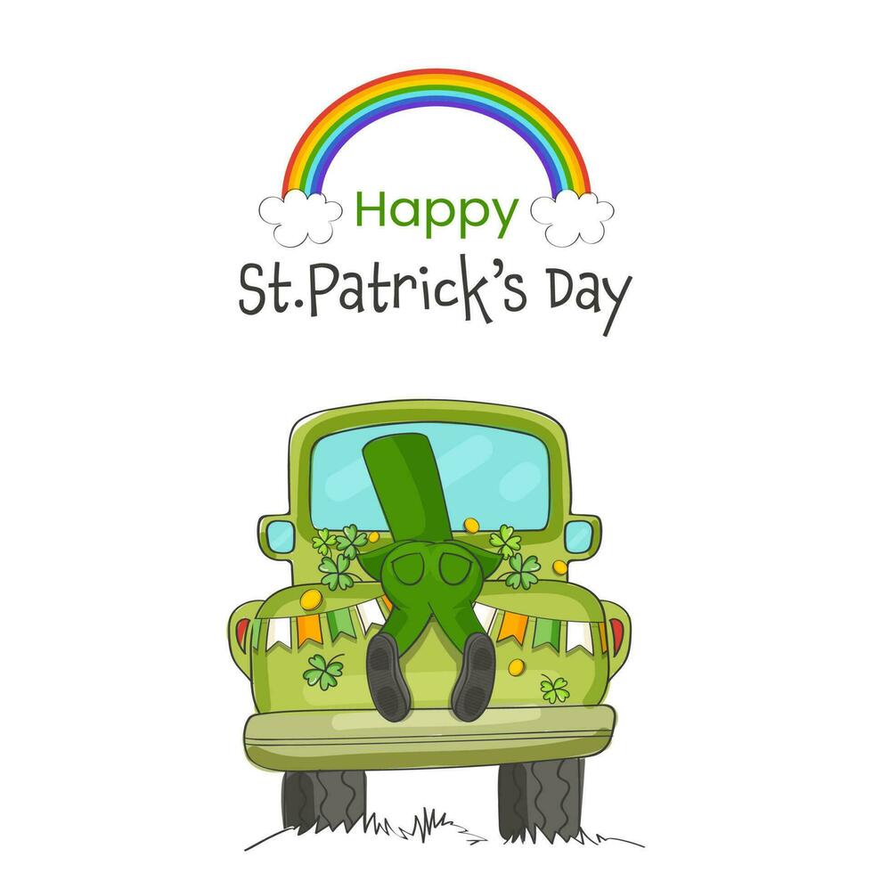 Happy St. Patrick's Day Font With Rainbow, Front View Of Leprechaun Man Lying Over Taxi On White Background. vector
