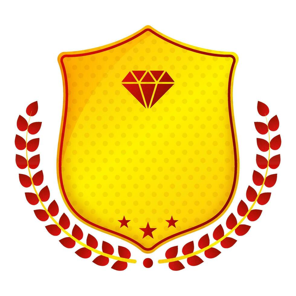 Yellow And Red Diamond Shield Badge With Laurel Wreath On White Background. vector