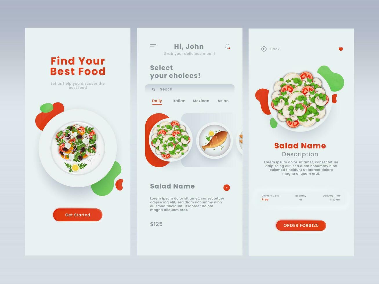 Food Ordering Mobile App UI As Login, Choice Dishes And Description Template Layout Against Gray Background. vector