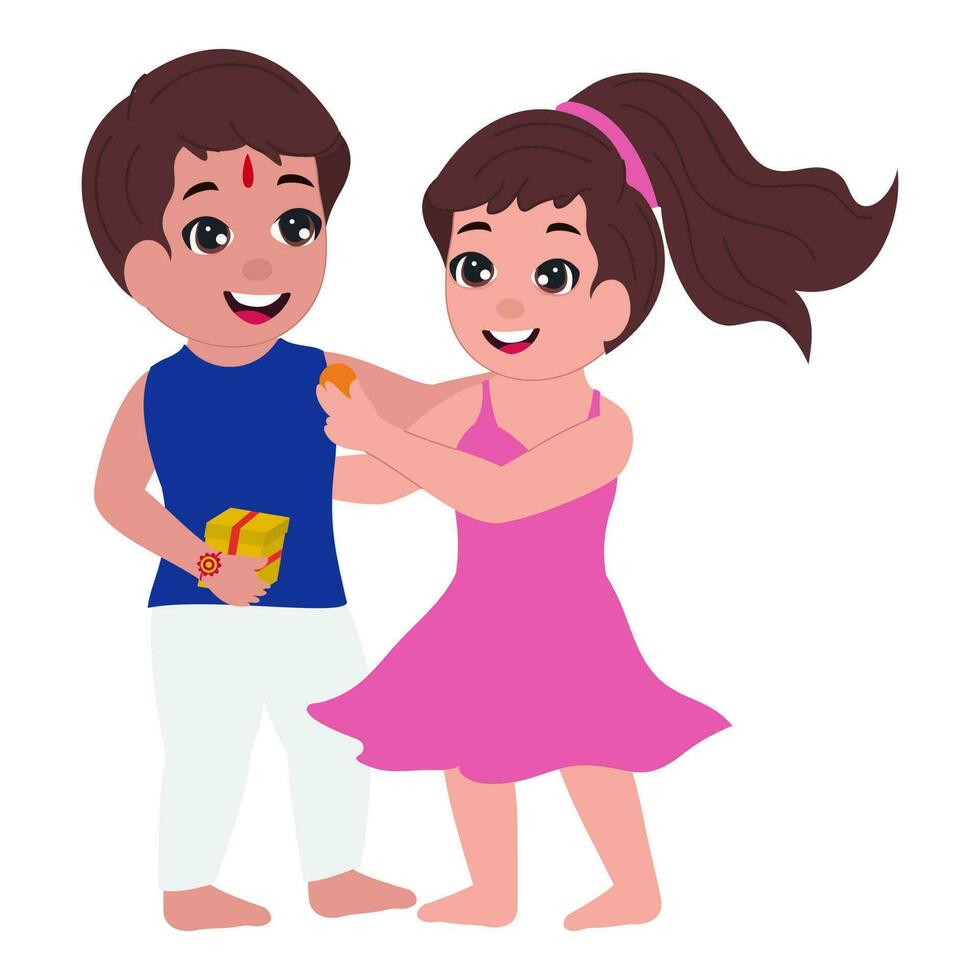 Cute Sister And Brother Celebrating Festival Of Raksha Bandhan On White Background. vector