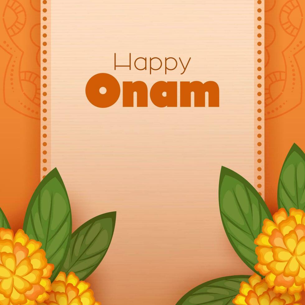 contento onam celebracion concepto con maravilla flores, mango hojas en naranja antecedentes. vector