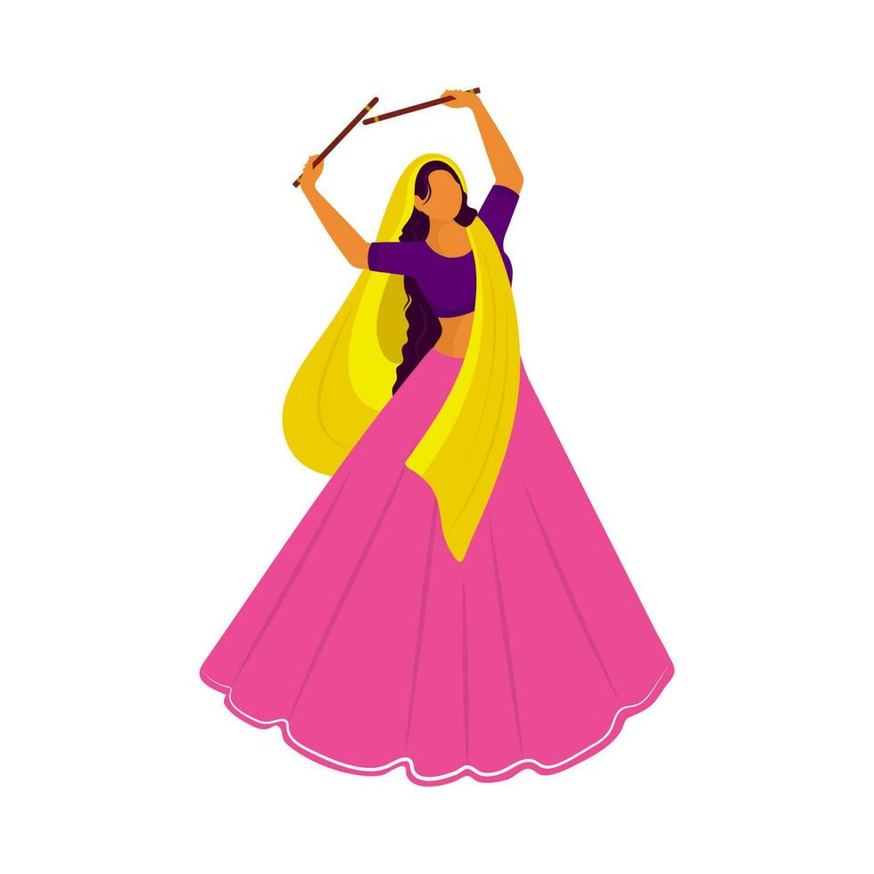 Cartoon Indian Woman Playing With Dandiya Sticks On White Background. vector