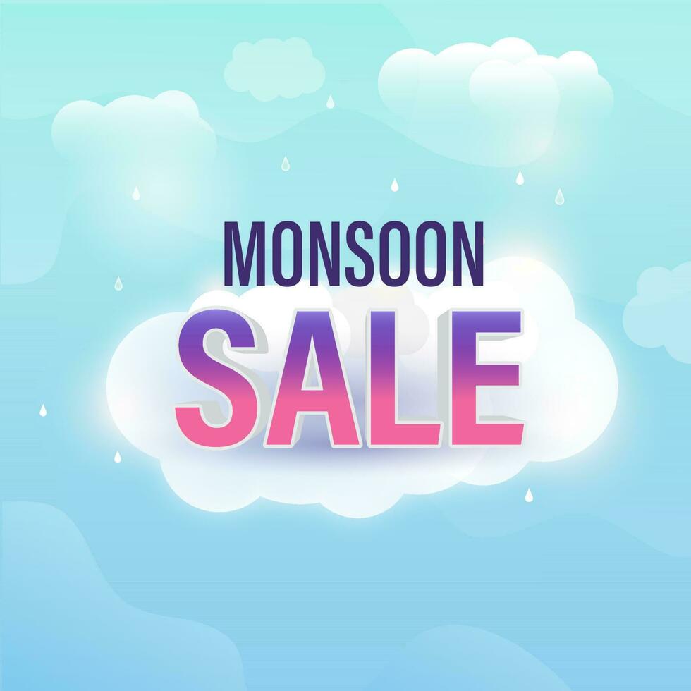 Monsoon Sale Poster Design With Rainy Clouds On Glossy Blue Background. vector