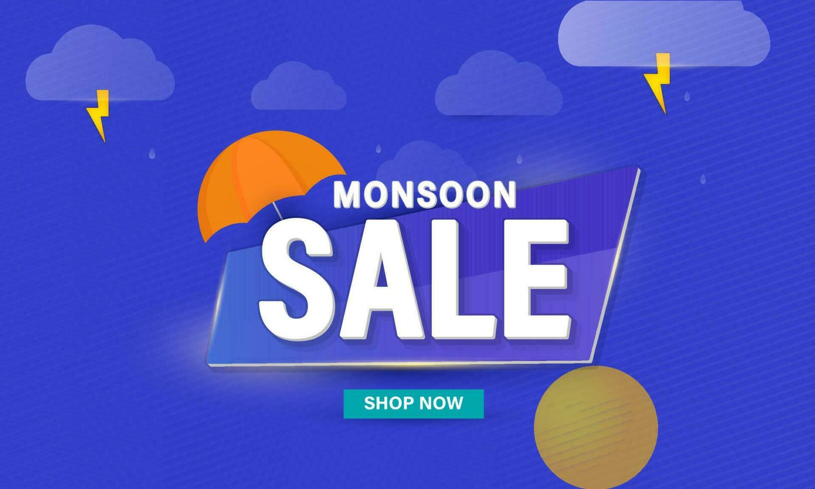 3D Monsoon Sale Font With Umbrella, Thunderstorms On Blue Stripe Pattern Background. Advertising Banner Design. vector