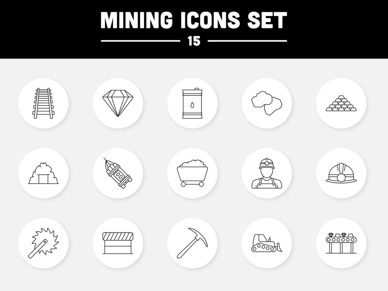 Black Outline 15 Mining Icon Set On White Circle Background. vector