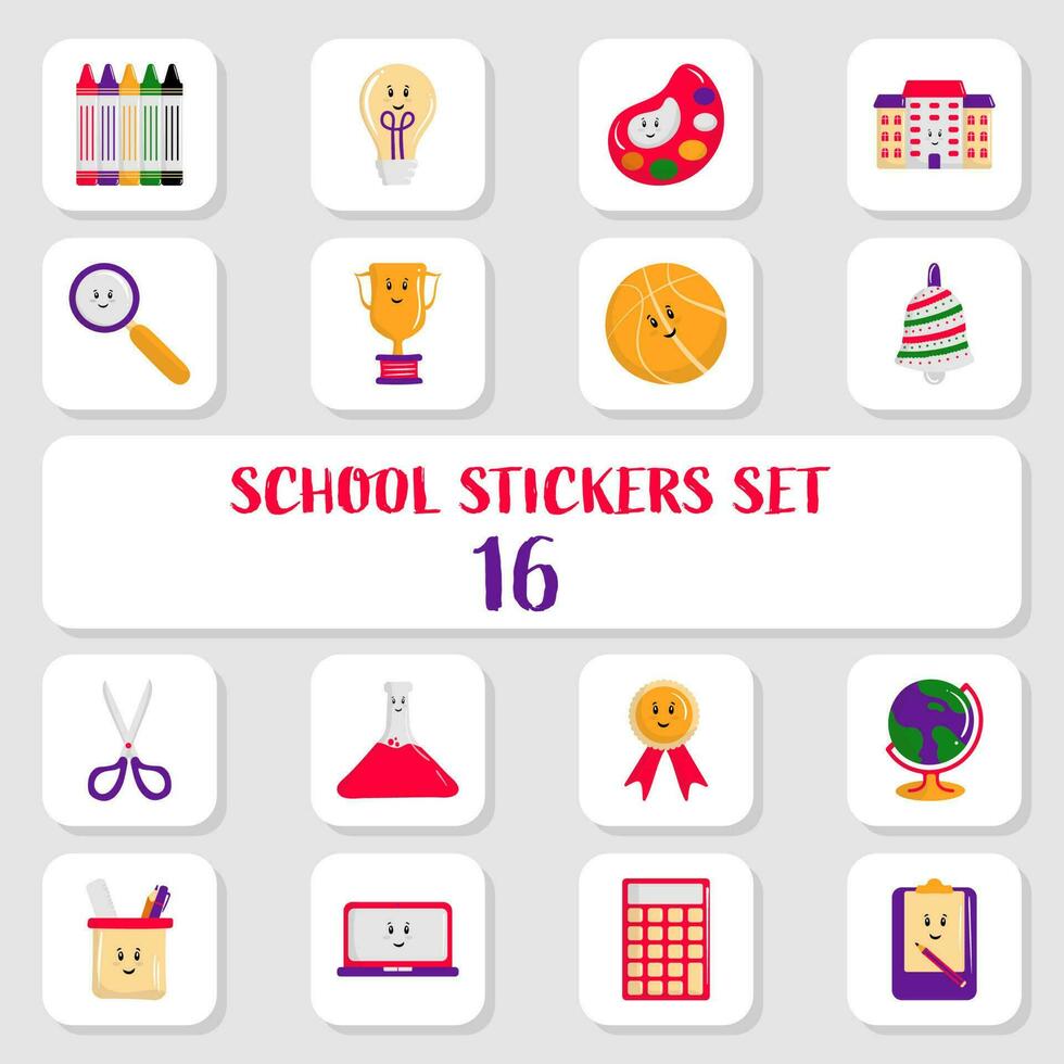 16 Cute School Sticker Set In Flat Style. vector