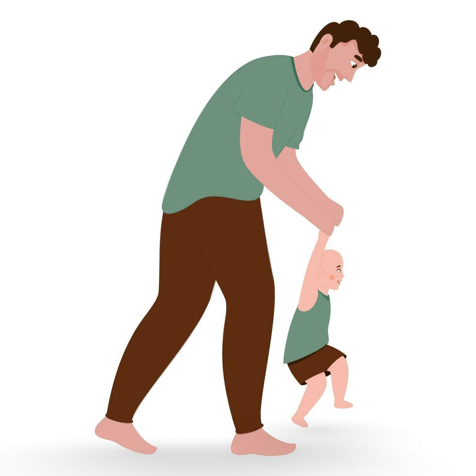 Cheerful Father Helping Baby To Walk On White Background. vector