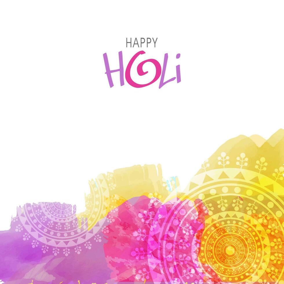 Happy Holi Celebration Concept With Watercolor Effect Mandala Pattern On White Background. vector