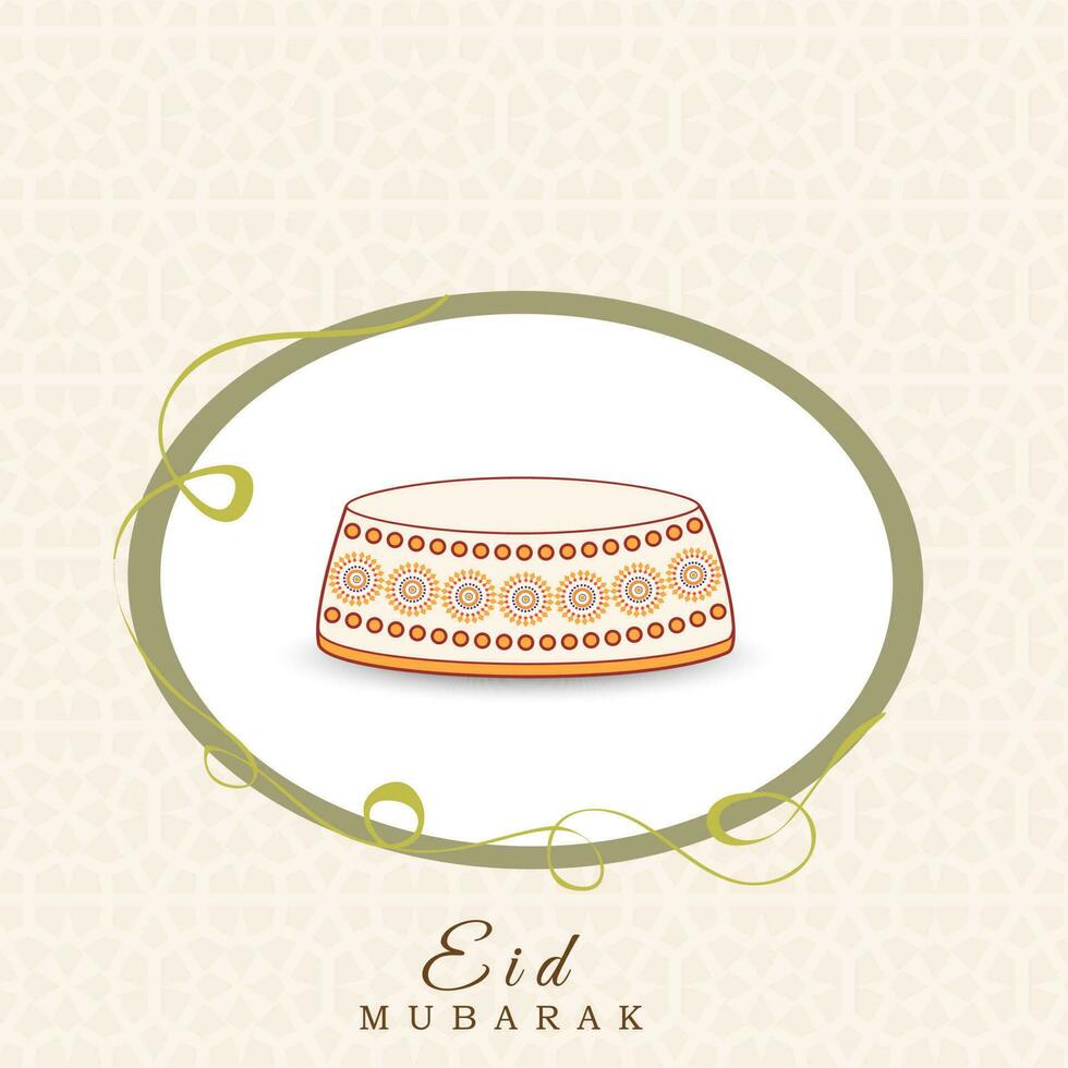 Eid Mubarak Greeting Card With Islamic Cap On White And Pastel Pink Islamic Pattern Background. vector