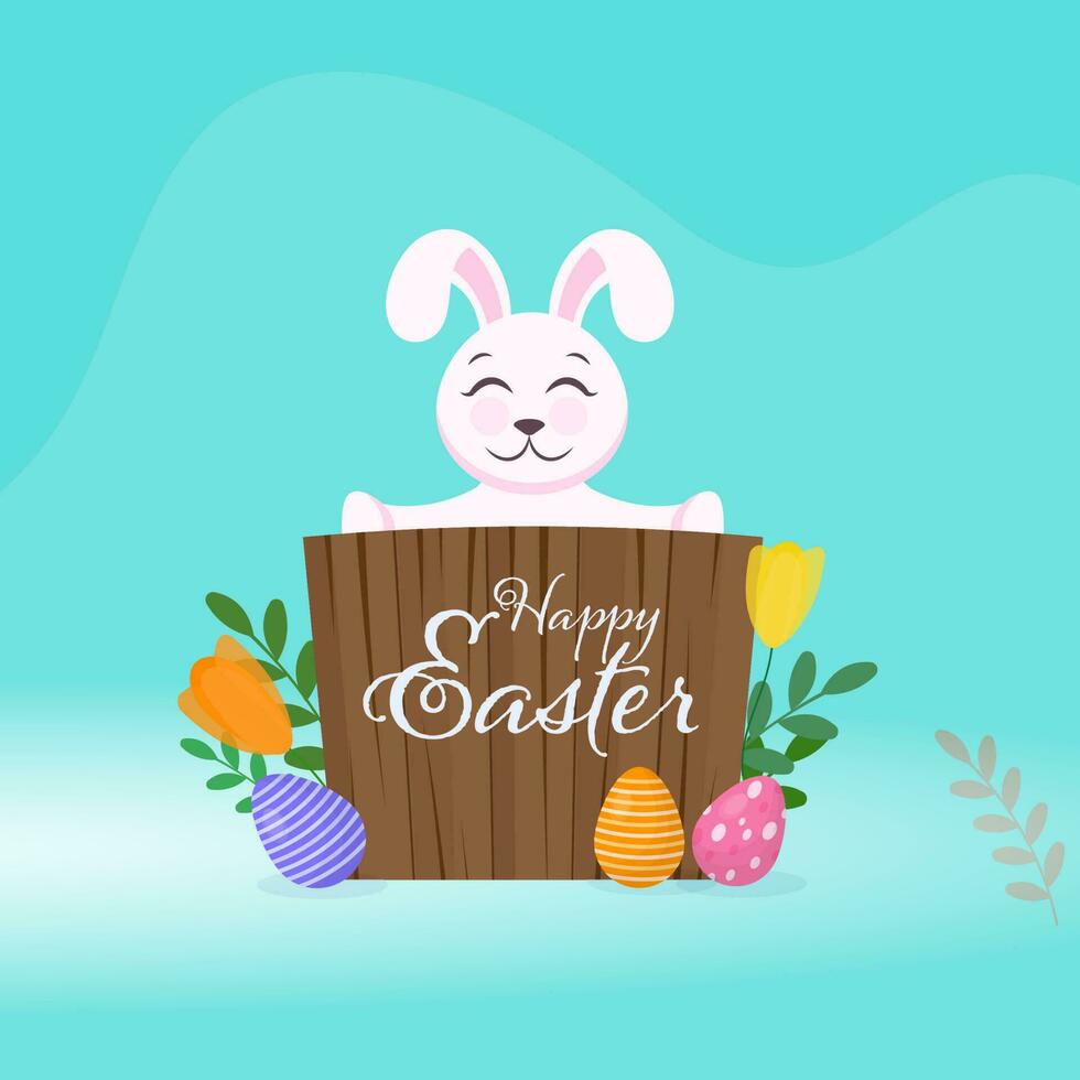 Cartoon Rabbit Holding Wooden Board Of Happy Easter With Printed Eggs And Floral On Turquoise Background. vector