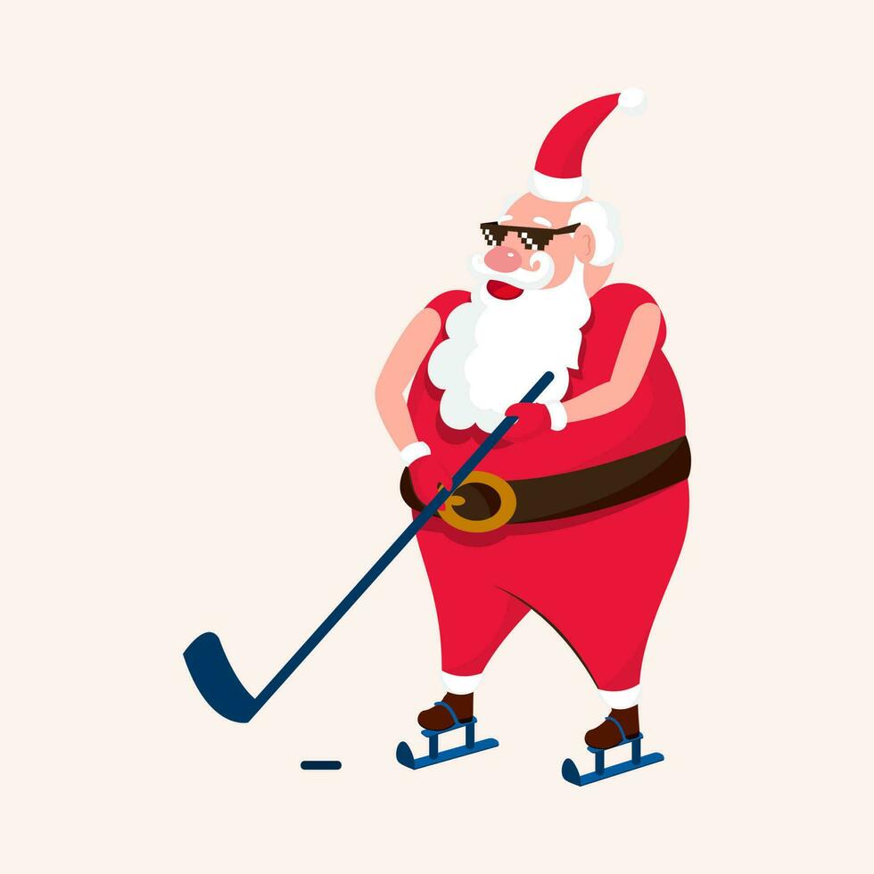 Cool Santa Clause wearing Black Goggles with Ice Hockey Stick. vector