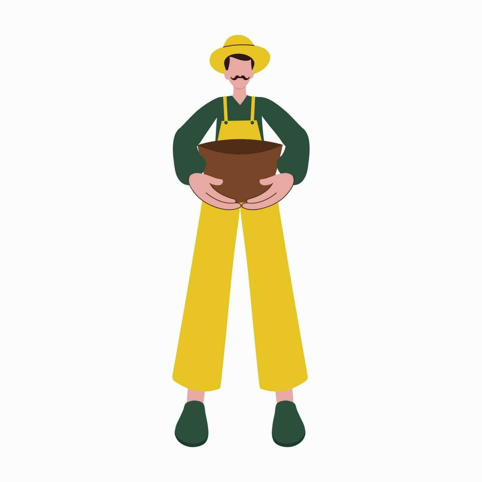 Cartoon Farmer Man Holding Pot In Standing Pose Against White Background. vector