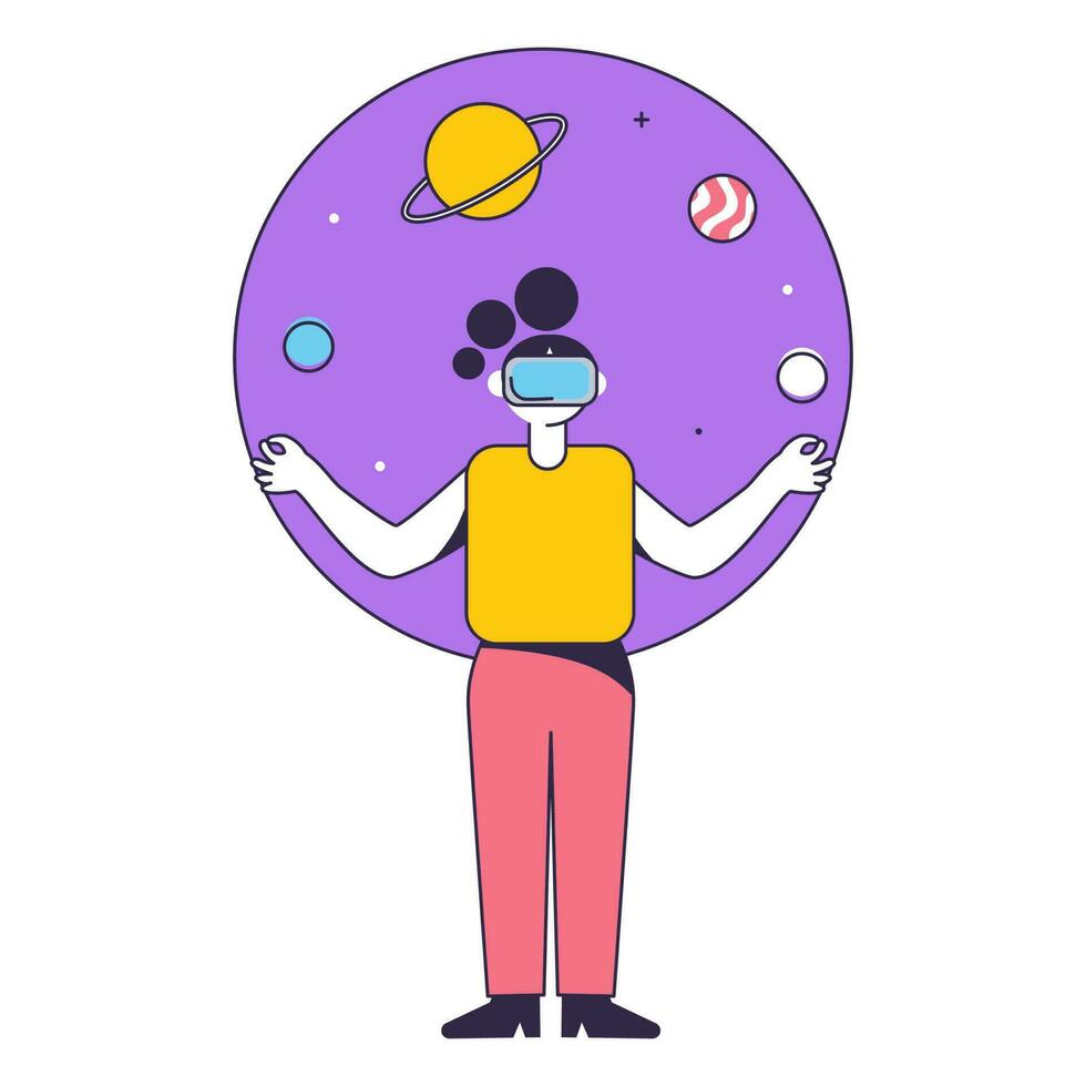 Illustration Of Woman Watching To Imaginary Universe Through VR Glasses On Purple And White Background. vector