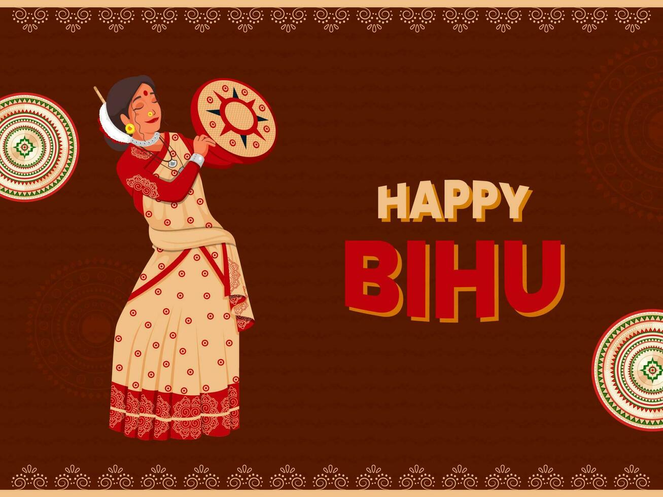 Happy Bihu Celebration Concept With Beautiful Assam Young Woman Playing Tambourine In Traditional Attire On Brown Background. vector