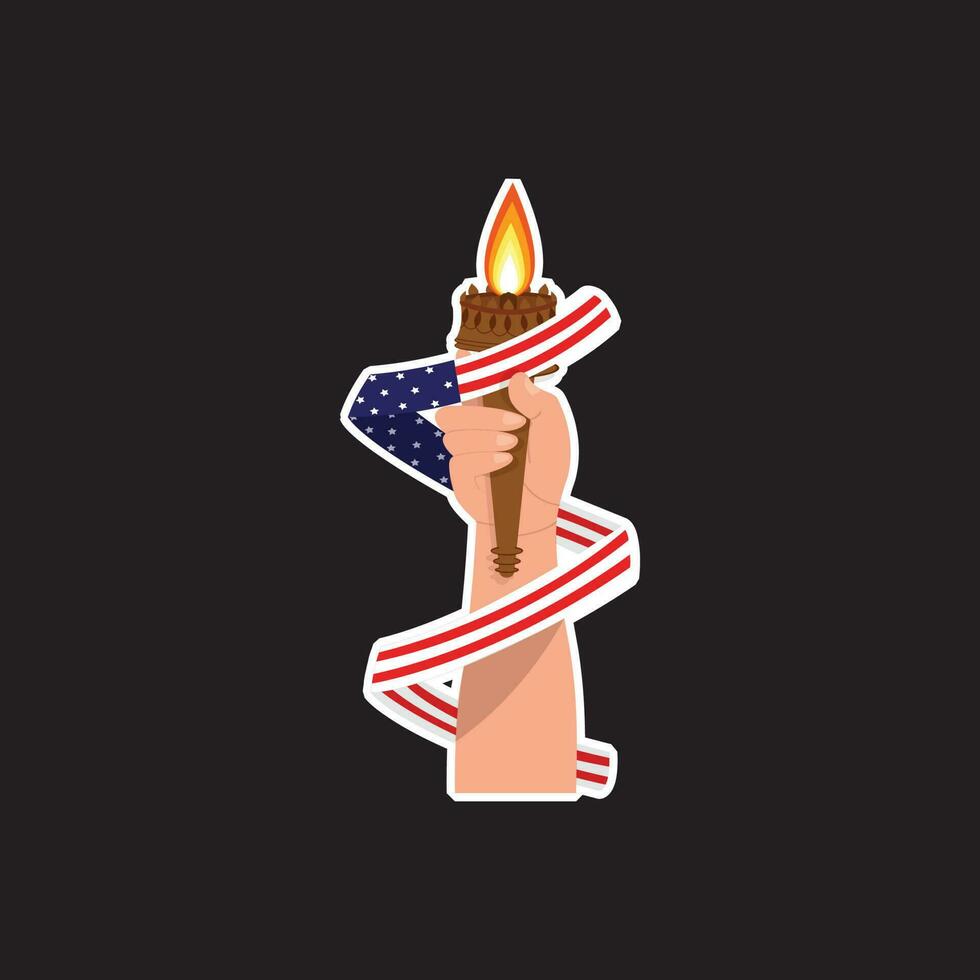Flaming Torch Holding Hand With Wavy American Flag Ribbon Sticker On Black Background. vector
