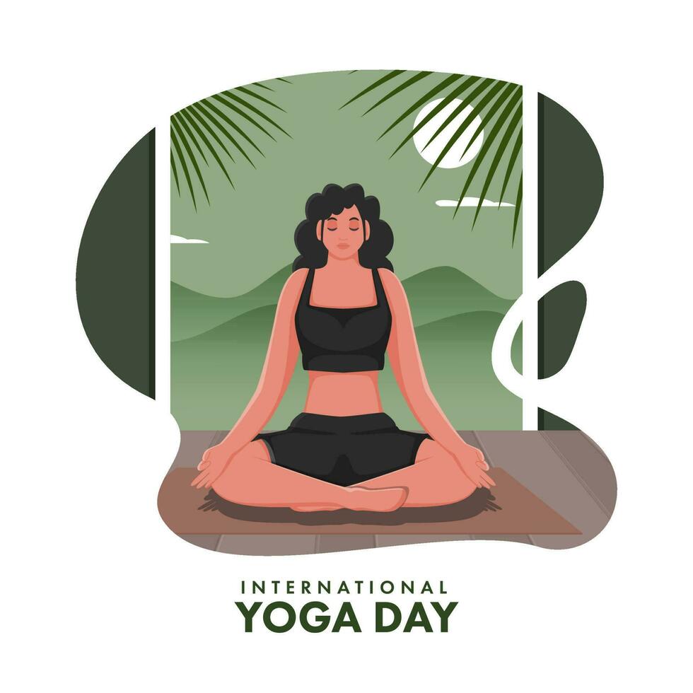 International Yoga Day Poster Design With Beautiful Young Lady Meditating At Mat On Natural View White Background. vector