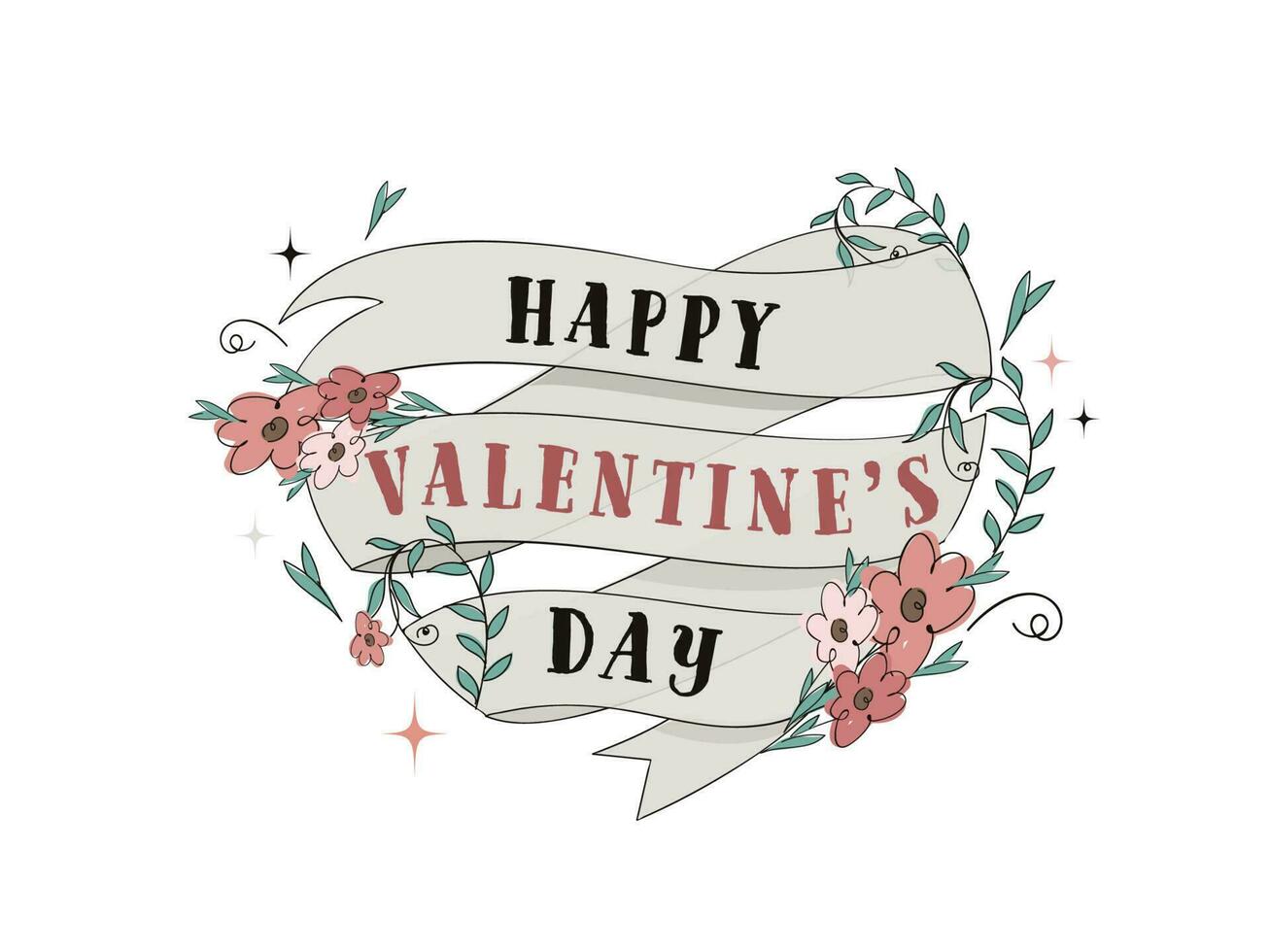 contento San Valentín día cinta en corazón forma decorado con floral en blanco antecedentes. vector