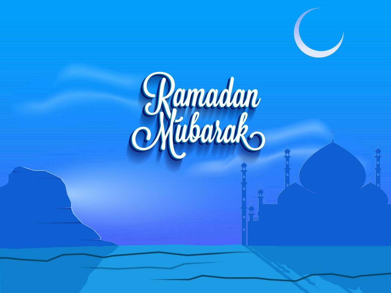 3D White Ramadan Mubarak Font With Paper Style Mosque And Crescent Moon On Glossy Blue Background. vector