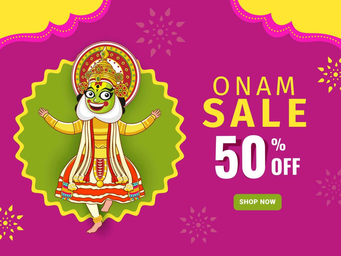 Discount Offer For Onam Sale Poster Design With Cheerful Kathakali Dancer Character. vector