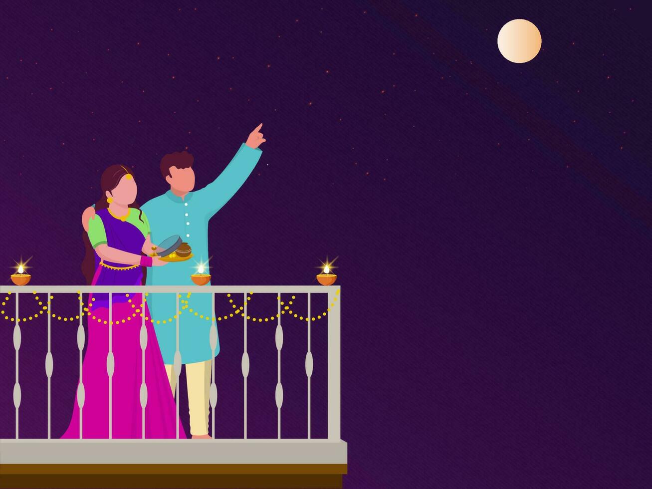 Indian Hindu Festival Karwa Chauth Concept with Young Indian Couple Performing Ritual in the Full Moon Night. vector