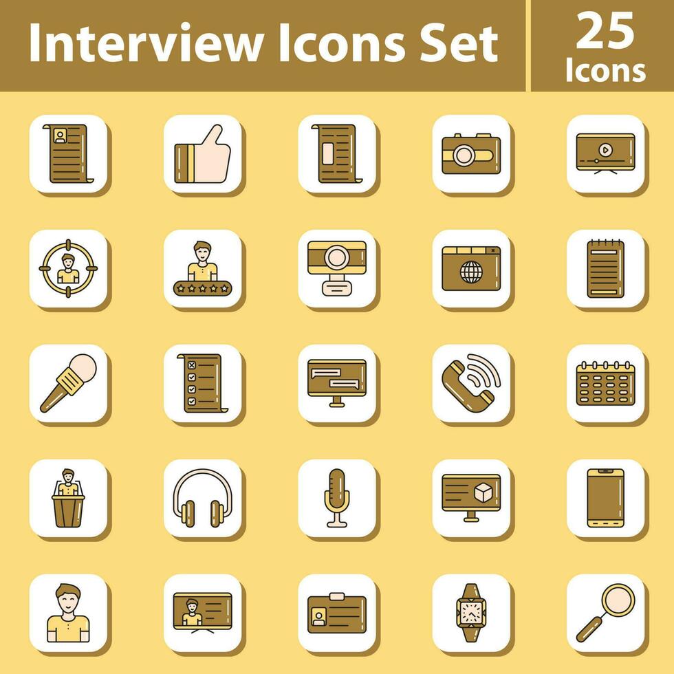 Yellow And Bronze Interview Flat Icon Set On Square Background. vector