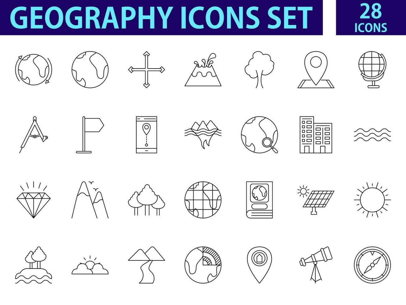 Black Line Art Set Of Geography Icon In Flat Style. vector