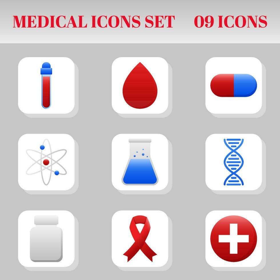 plano estilo 09 médico rojo y azul icono conjunto en cuadrado antecedentes. vector