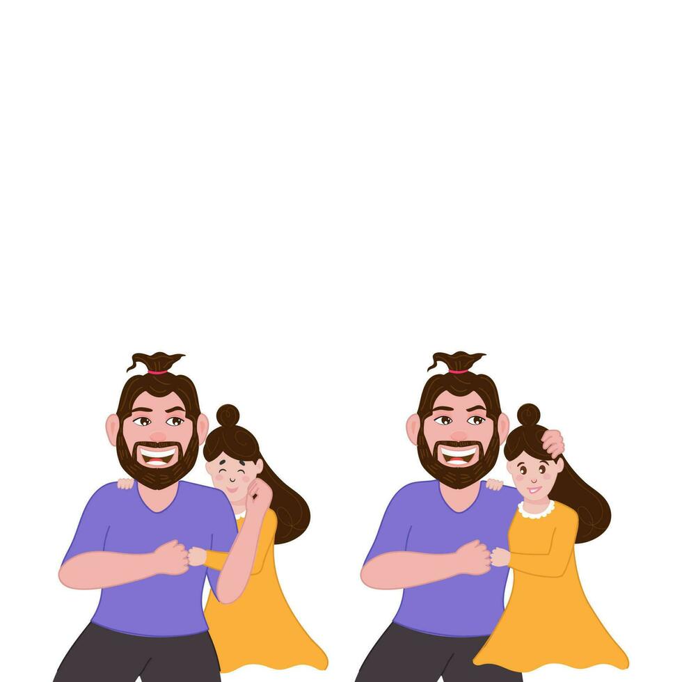 Cheerful Man Hugging His Daughter In Two Image And Copy Space On White Background. vector