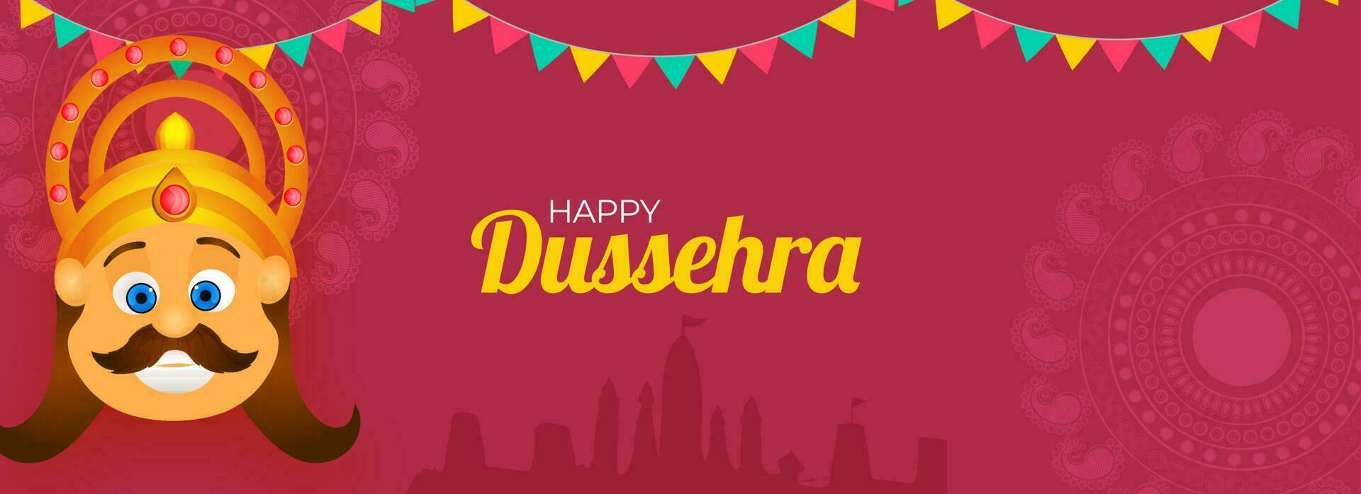Happy Dussehra Celebration Banner Or Header Design With Demon King Ravana Face And Bunting Flags On Pink Silhouette Ayodhya View Background. vector