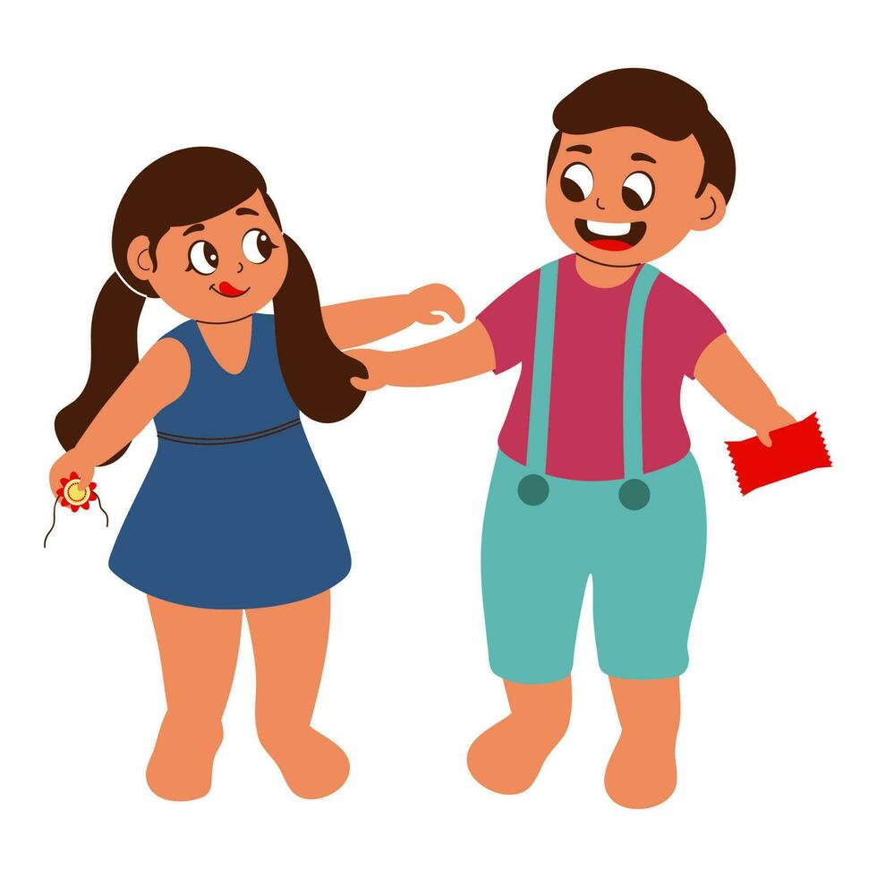 Cute Girl Holding Rakhi With Her Brother On White Background. vector