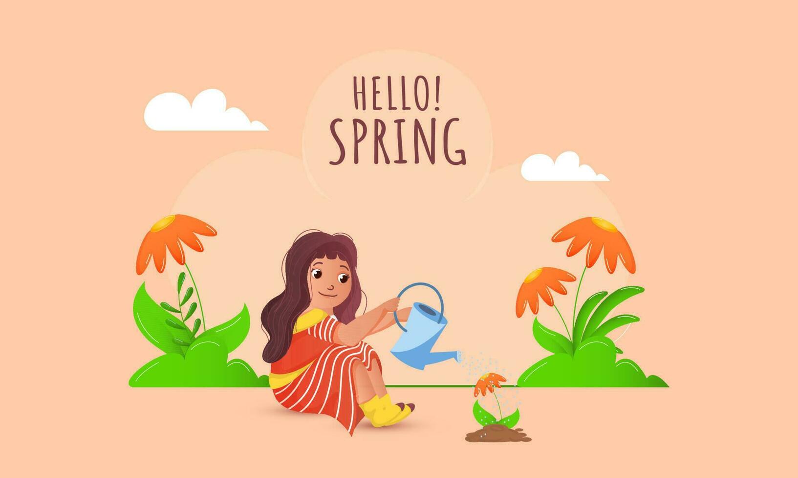 Hello Spring Background With Cute Girl Giving Water To Daisy Flower Plants In Peach Color. vector