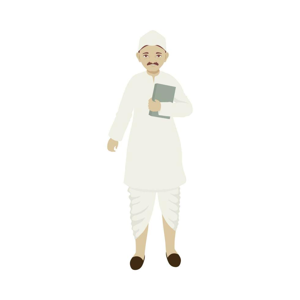 Portrait Of Indian Man Holding Book In Dhoti And Kurta On White Background. vector