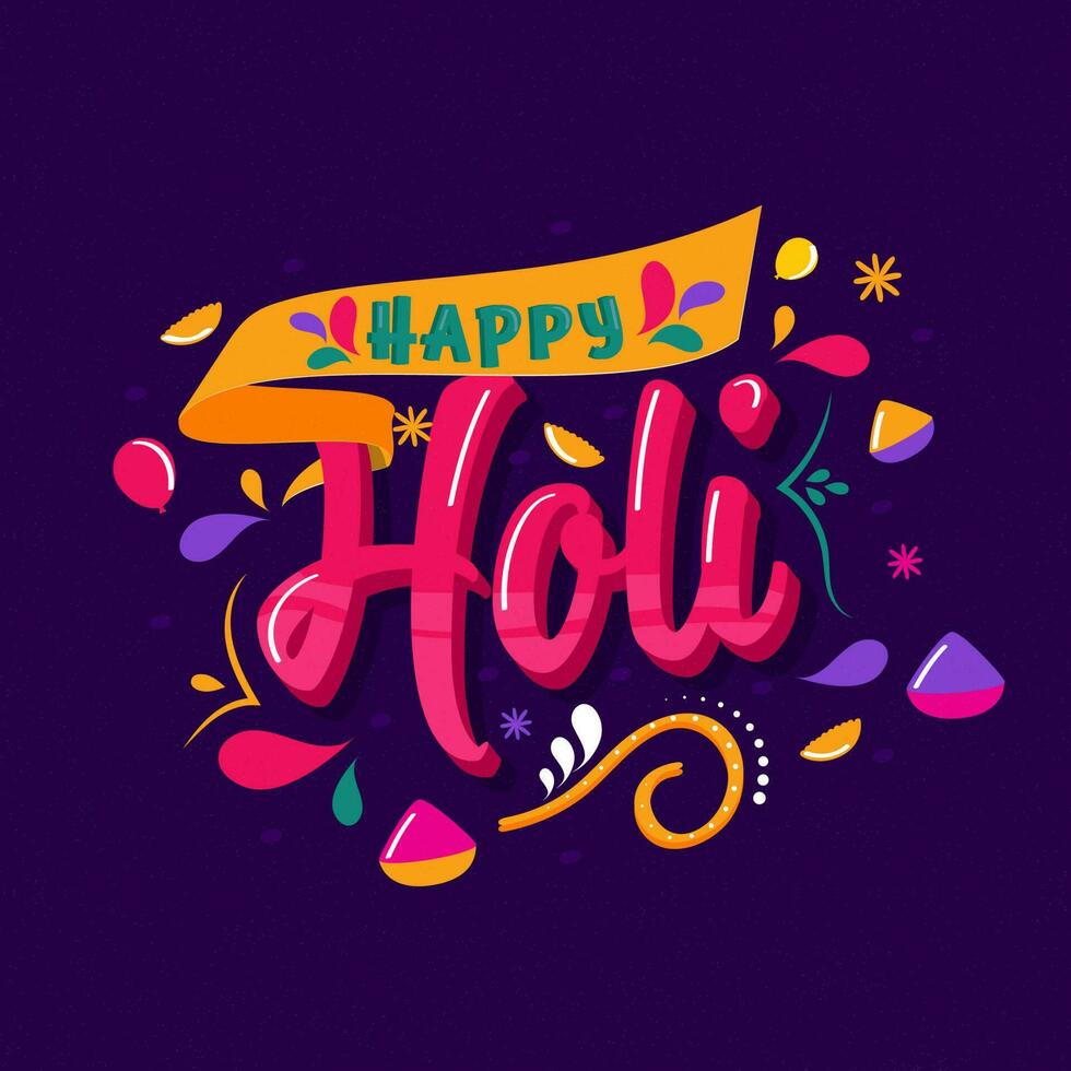3D Happy Holi Font With Color Balloons, Powder  In Bowls And Arc Drops Decorated On Purple Background. vector