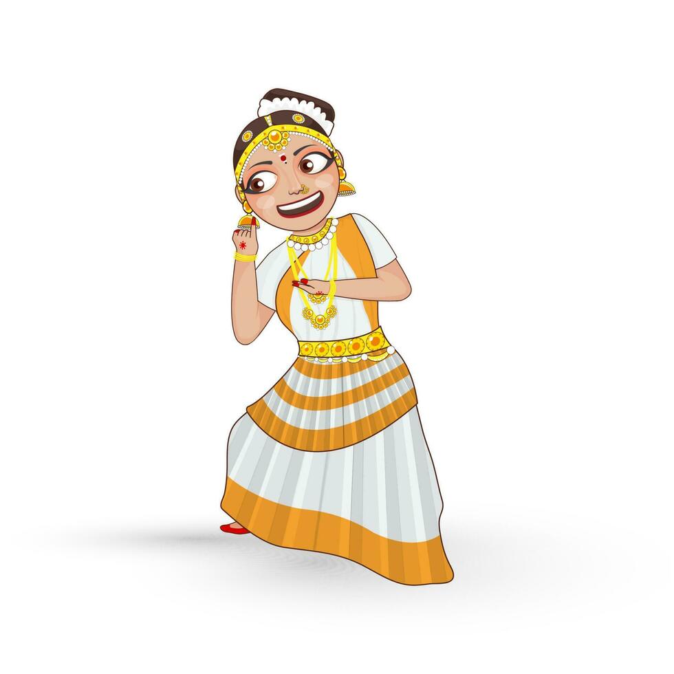 alegre mujer ejecutando mohiniyattam clásico danza en tradicional atuendo. vector