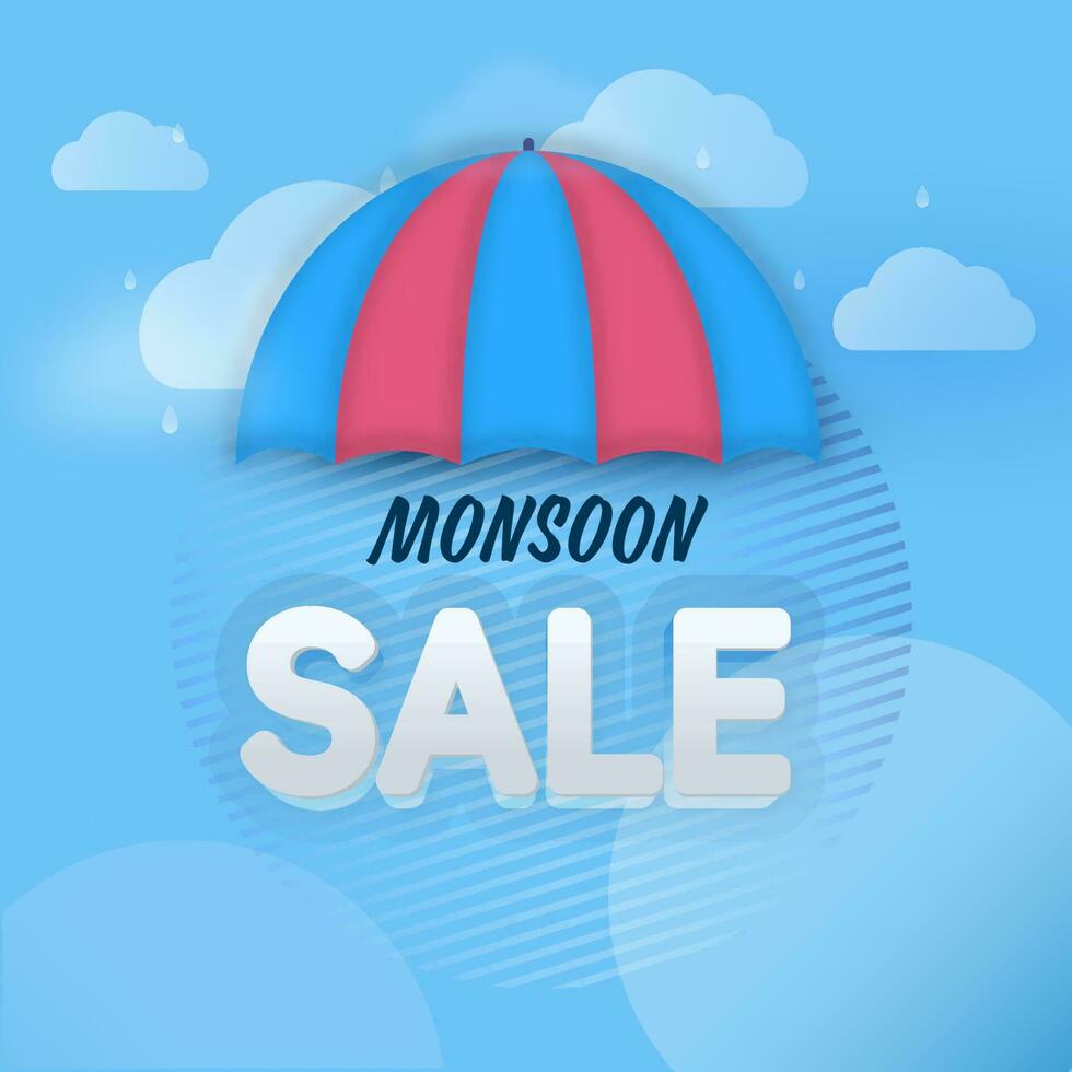 Monsoon Sale Poster Design With Umbrella On Blue Clouds Background. vector