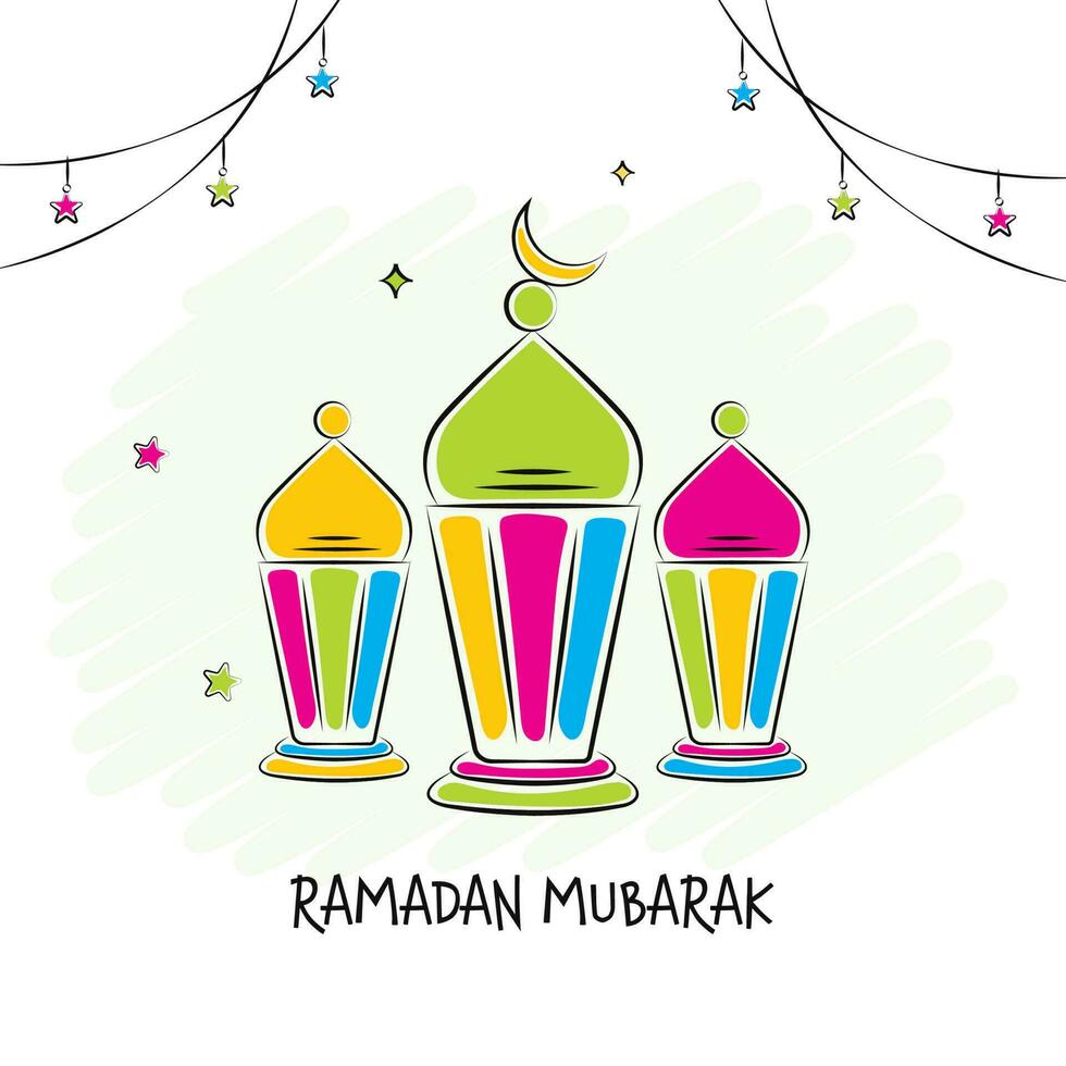 Ramadán Mubarak concepto con vector vistoso linternas, creciente Luna y colgando estrellas decorado en blanco antecedentes.