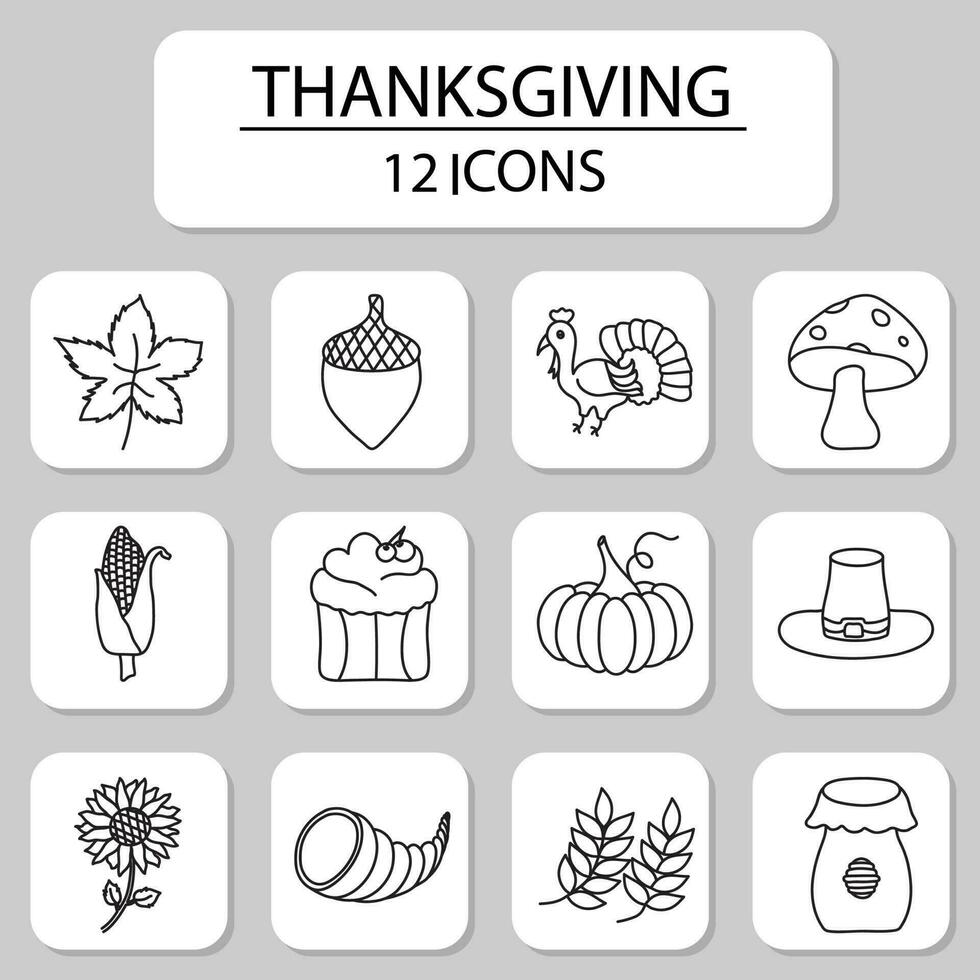 12 Thanksgiving Icon Set In Black Linear Style. vector