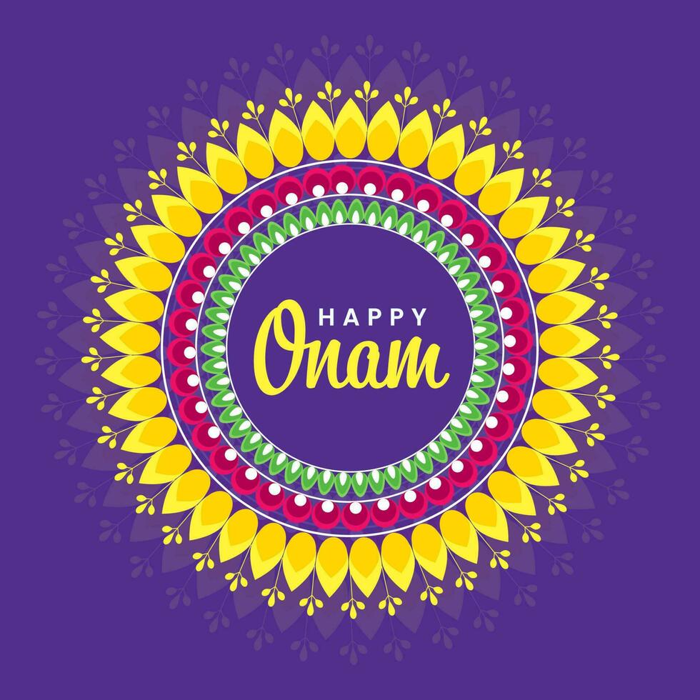 Happy Onam Font On Mandala Frame Against Purple Background. vector