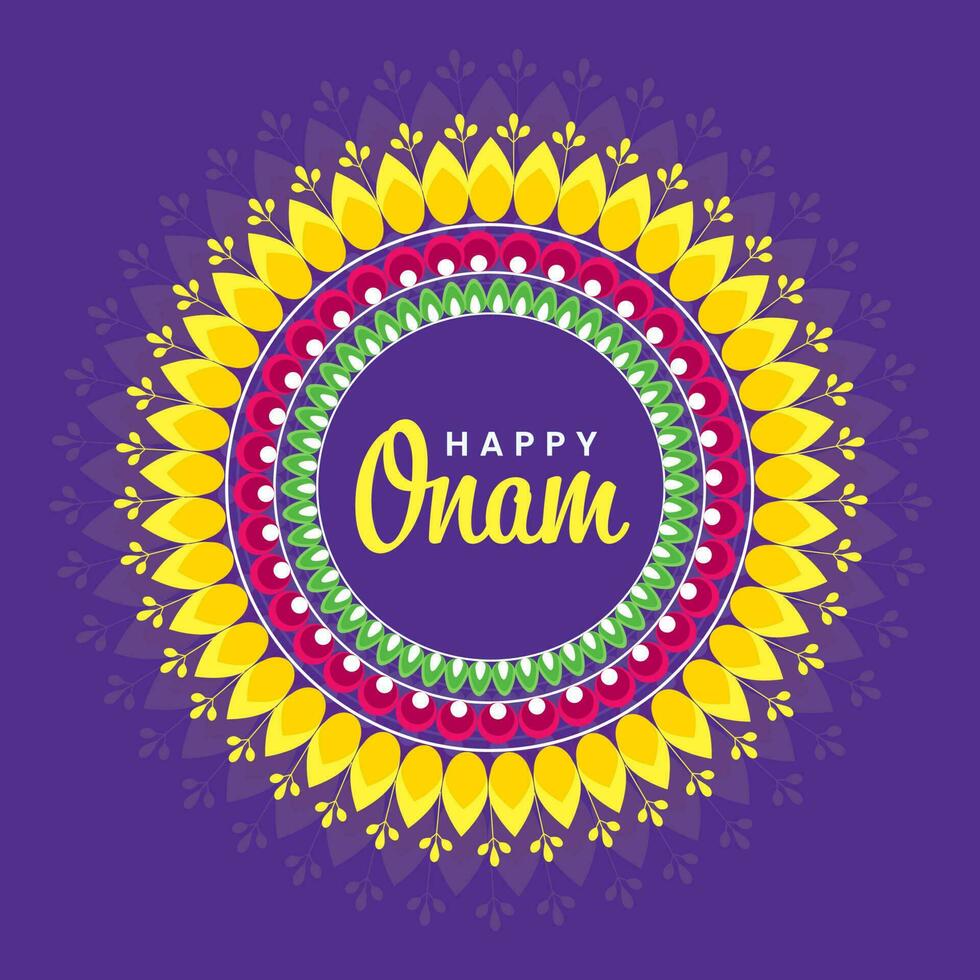 contento onam fuente en mandala marco en contra púrpura antecedentes. vector