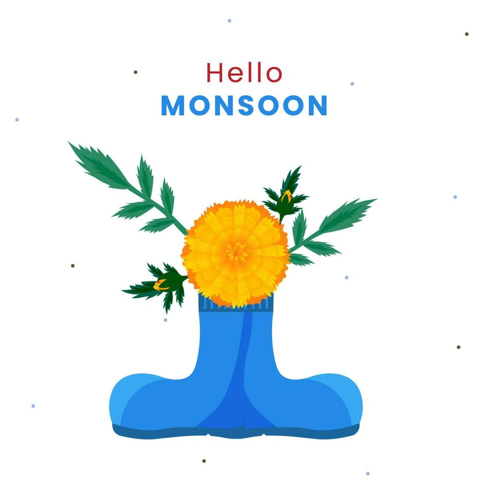 Hello Monsoon Lettering With Flower Plant In Boots On White Background. vector