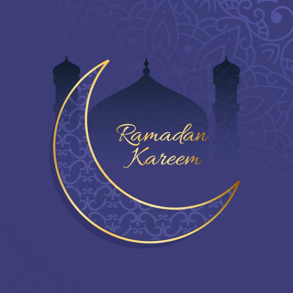 Golden Ramadan Kareem Font With Elegant Crescent Moon And Silhouette Mosque On Blue Islamic Pattern Background. vector