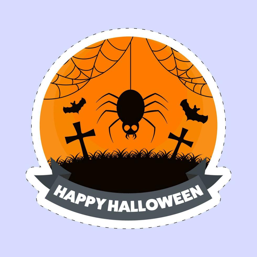 Sticker Style Happy Halloween Font With Cemetery View, Spider Hang, Flying Bats On Orange And Blue Background. vector