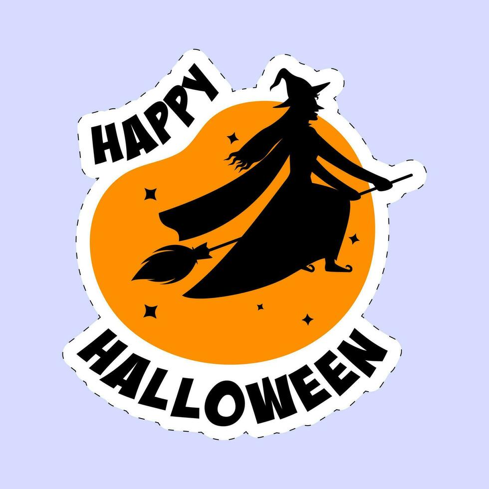Sticker Style Happy Halloween Font With Witch Flying Over Broom On Orange And Blue Background. vector