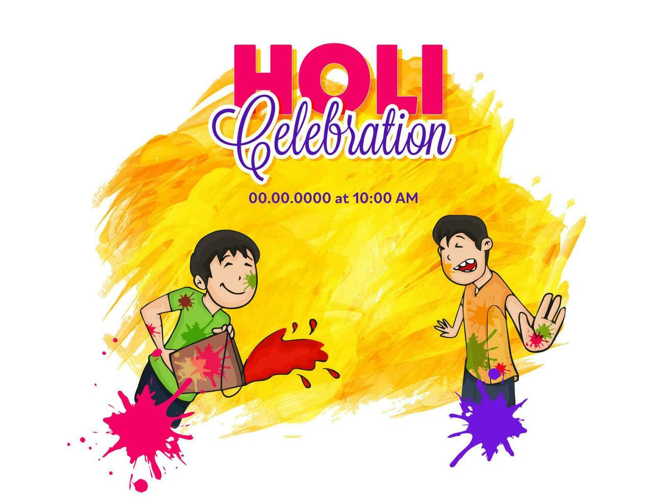 Indian festival of colours, Happy Holi concept with Indian Boys playing with water colours and colour grunge against yellow and white background. vector